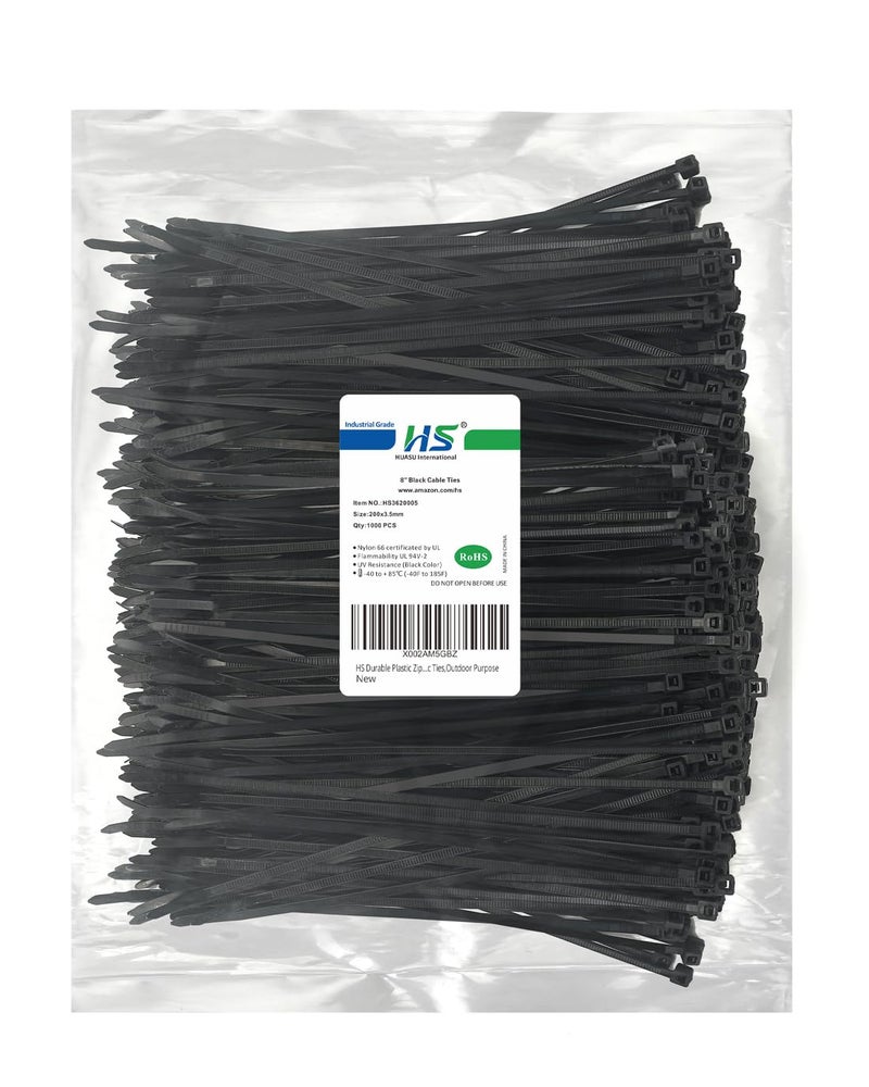 HS Durable Plastic Zip Ties 8 Inch (Bulk-1000 Pack) UV Rated Black Cable Ties 40 Lbs Self-Locking Wire Ties Width 1/8 Inch,Outdoor Purpose - Image 1